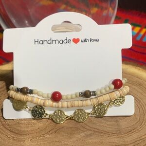 Handmade Gold and Red Beaded Bracelet Set 6.5